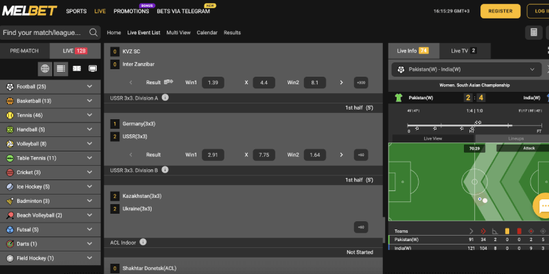 Melbet স্পোর্টস পেজের স্ক্রিনশট